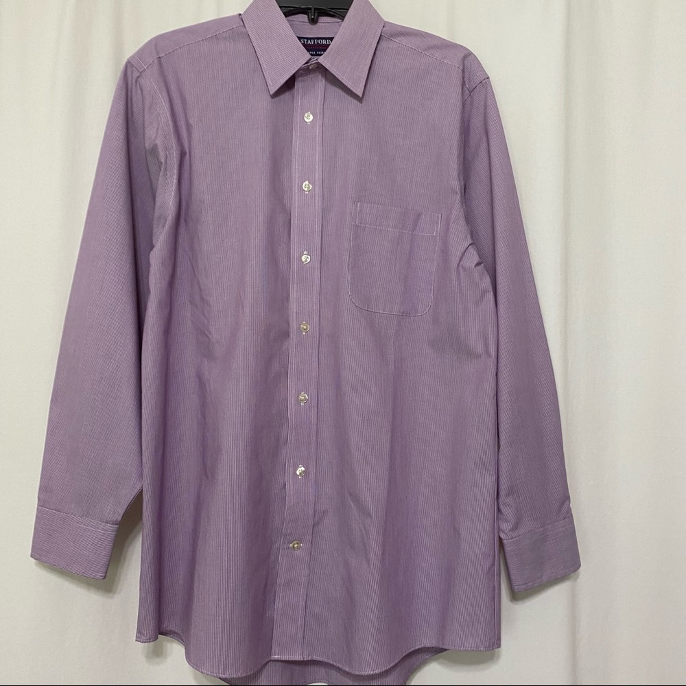 Stanford Men's Long Sleeved Maroon and White Striped Dress Shirt 15 1/2